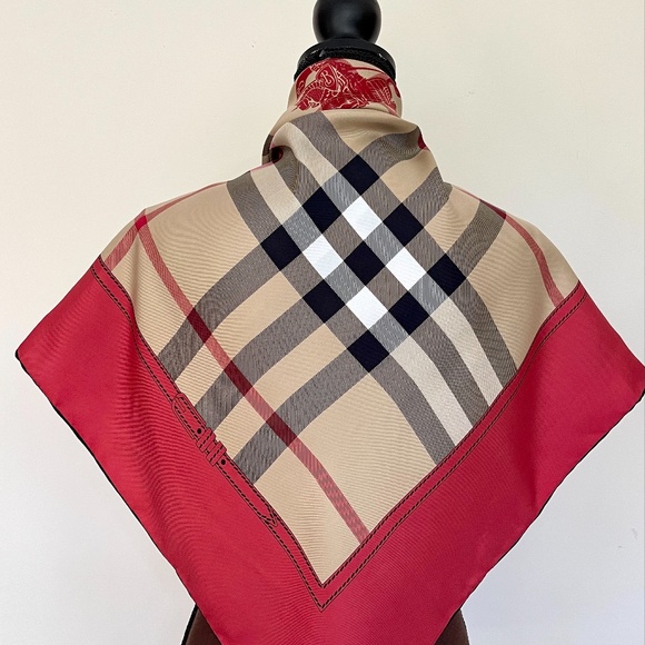 NWT Burberry Scarf House Check Beige Red Border Logo Silk Wrap - Picture 7 of 16